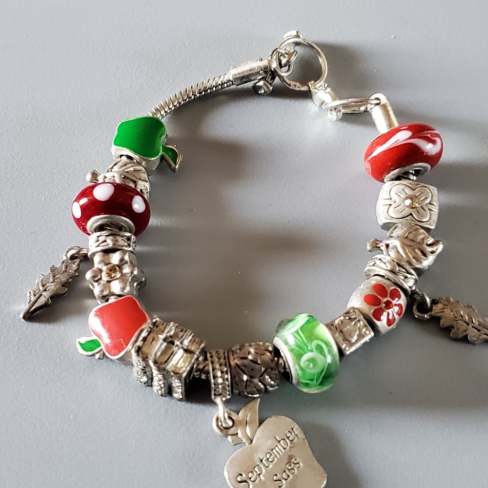 Birthday Month September silver tone charm bracelet with red and green charms.